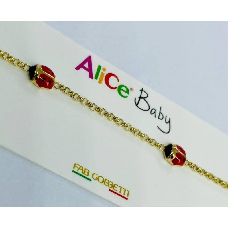Bracciale battesimale da bambina con targhetta personalizzabile e coccinella smaltata in oro giallo 18kt